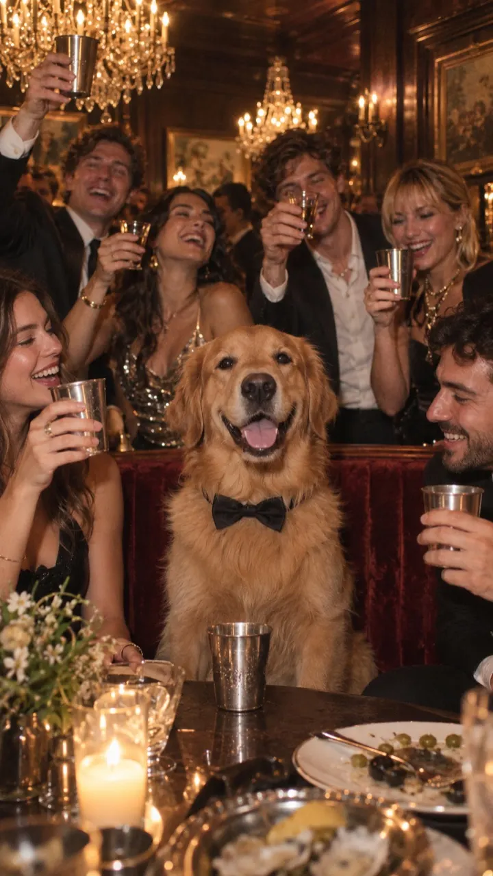 A golden retriever in a bow tie at the party table