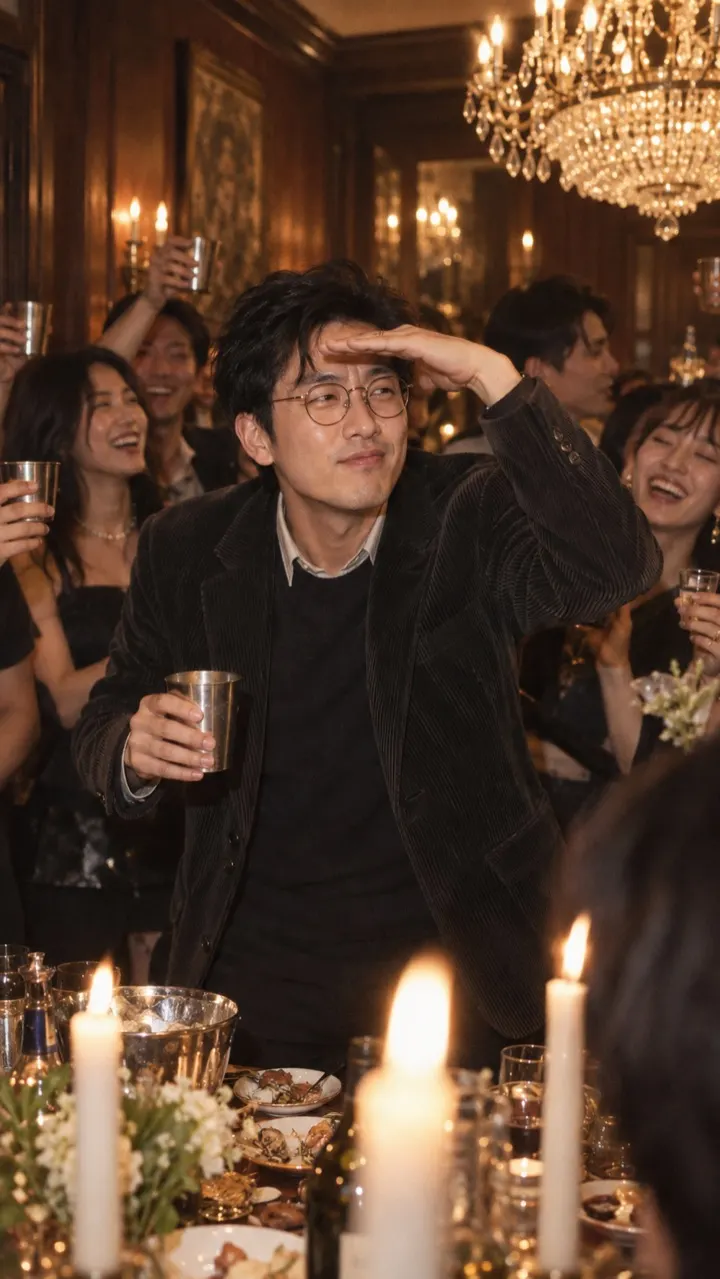 A man in round glasses shades his eyes, scanning the room