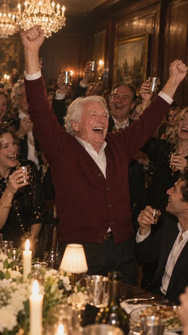 A grey-haired man in a burgundy cardigan throws both arms up as the room cheers